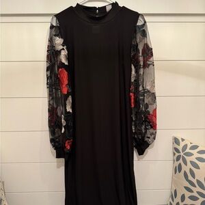 VENUS Black Sheath Dress with Sheer Embroidered Bishop Sleeves, Women’s L
